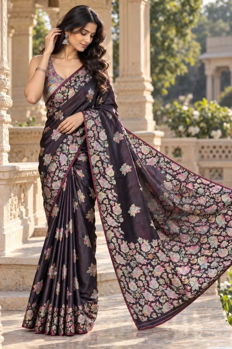 Mv Vis 65 Satin Silk Floral Digital Print Saree Collection