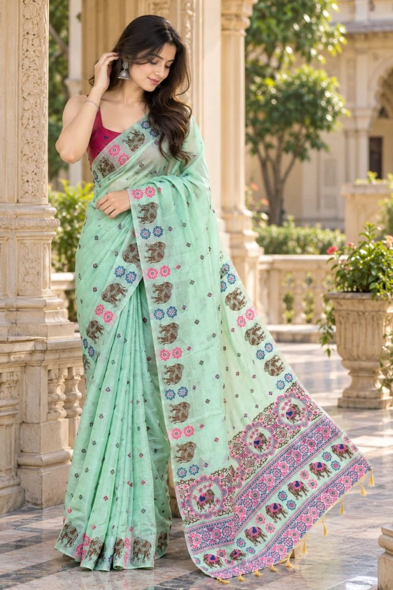 Mv Vis 66 Cotton Blend Elephant Motif Saree Collection