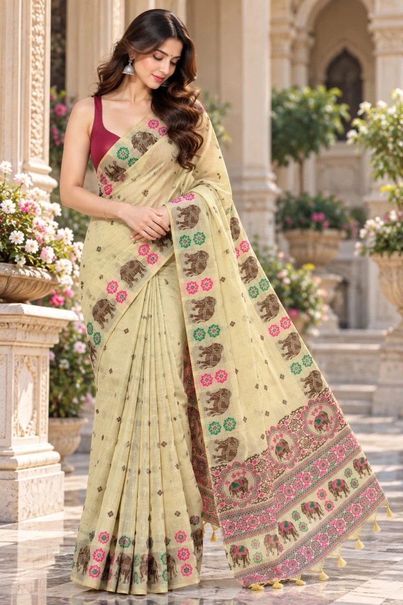 Mv Vis 66 Cotton Blend Elephant Motif Saree Collection 10