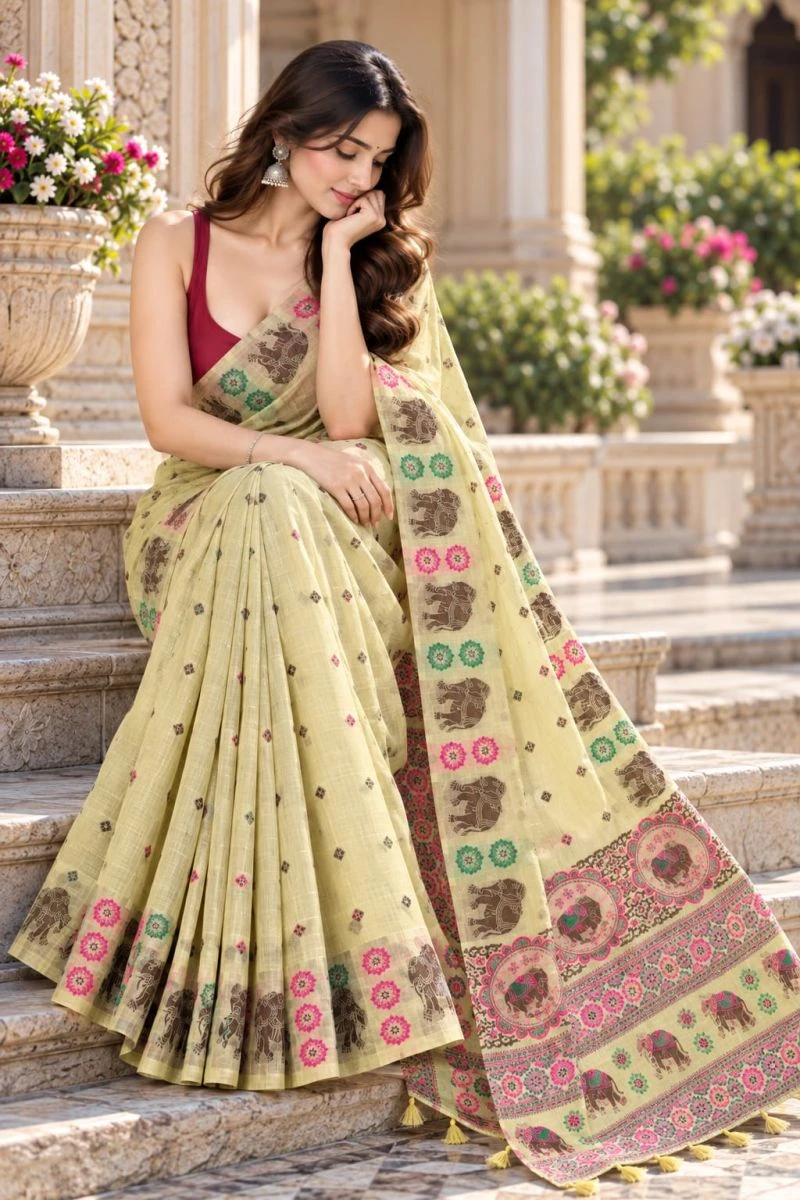 Mv Vis 66 Cotton Blend Elephant Motif Saree Collection 11