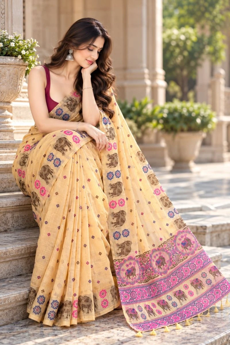 Mv Vis 66 Cotton Blend Elephant Motif Saree Collection 12