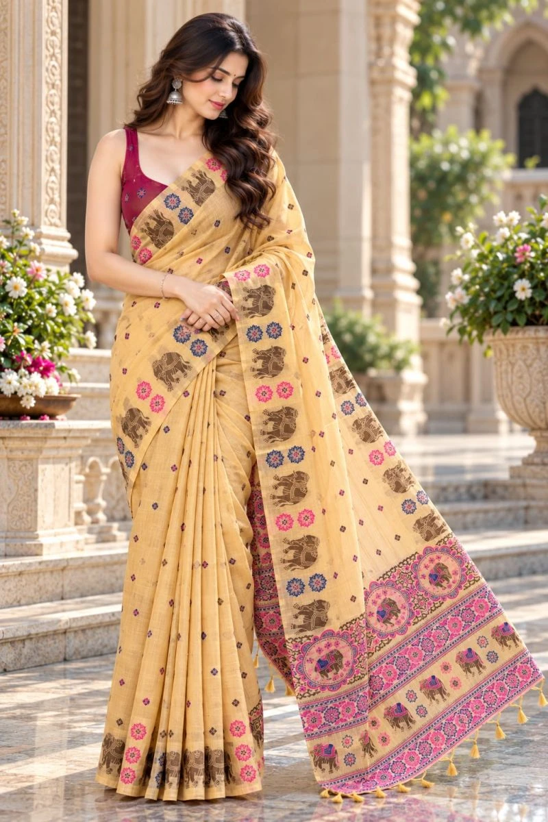 Mv Vis 66 Cotton Blend Elephant Motif Saree Collection 13