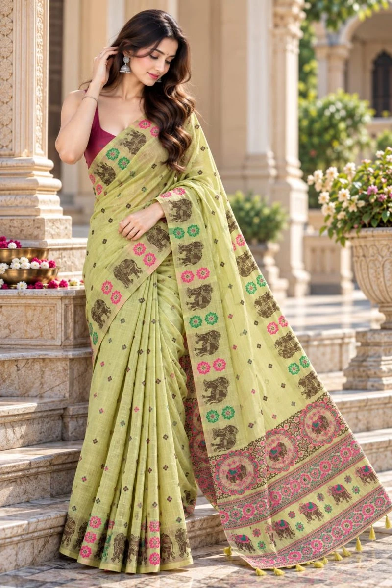 Mv Vis 66 Cotton Blend Elephant Motif Saree Collection 14