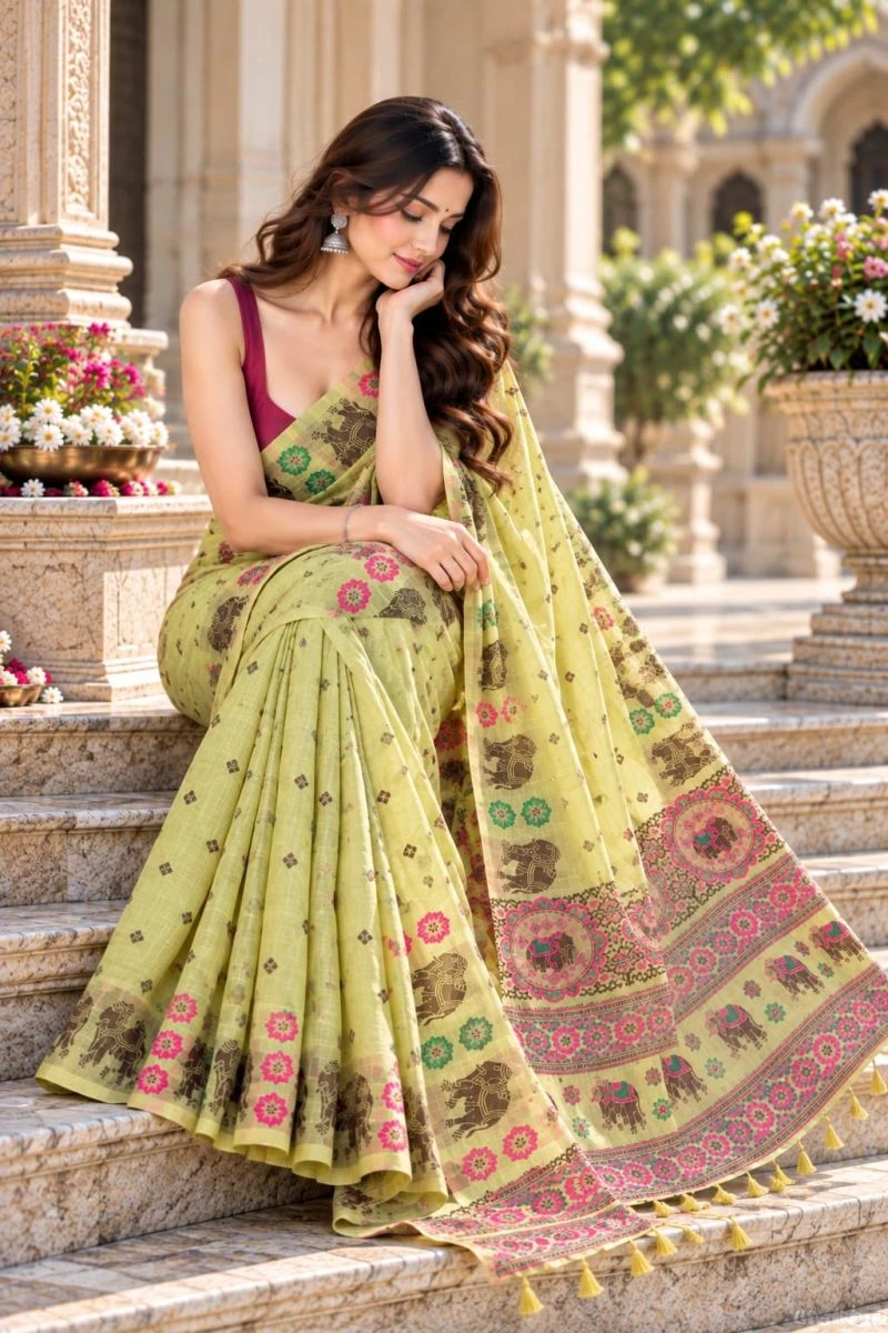 Mv Vis 66 Cotton Blend Elephant Motif Saree Collection 3