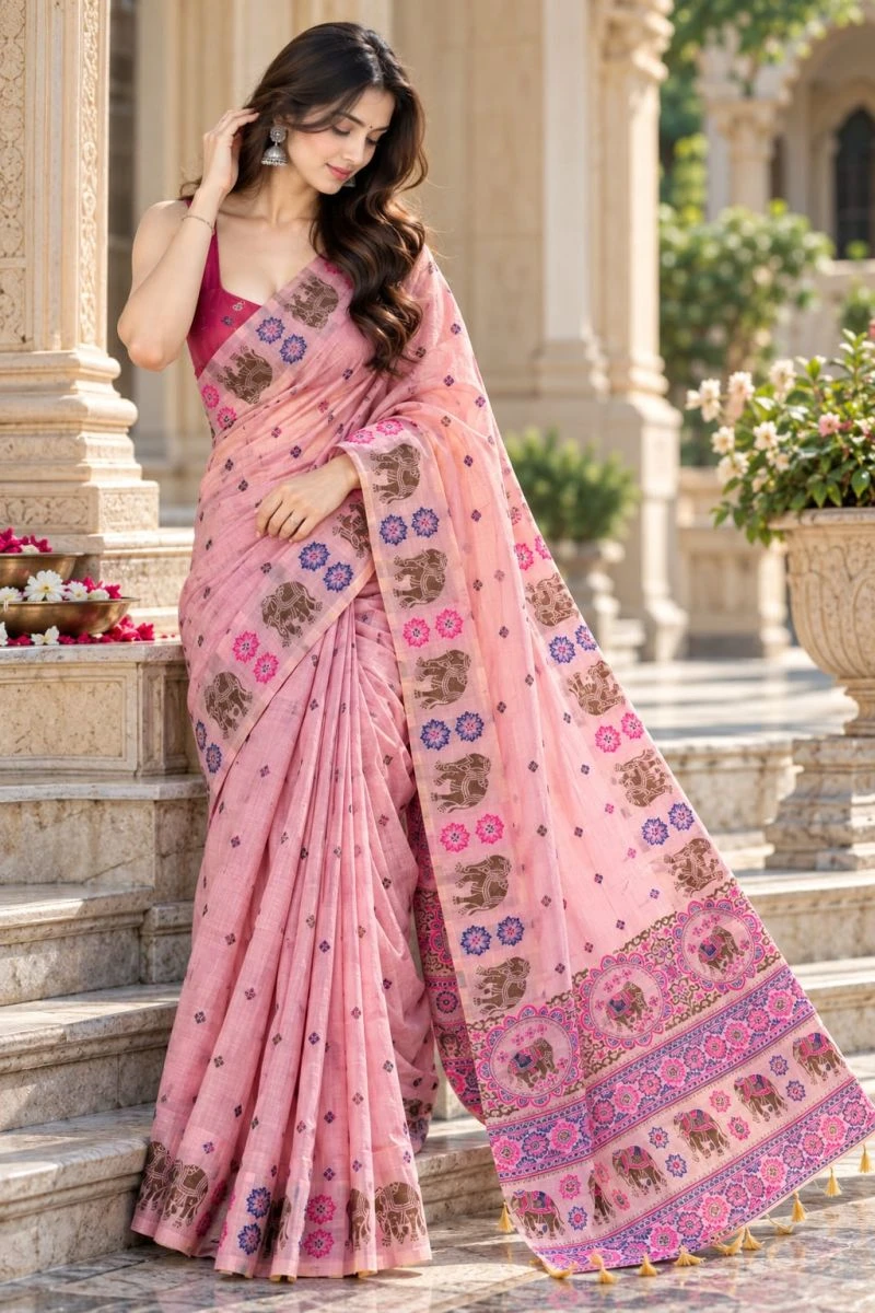 Mv Vis 66 Cotton Blend Elephant Motif Saree Collection 4