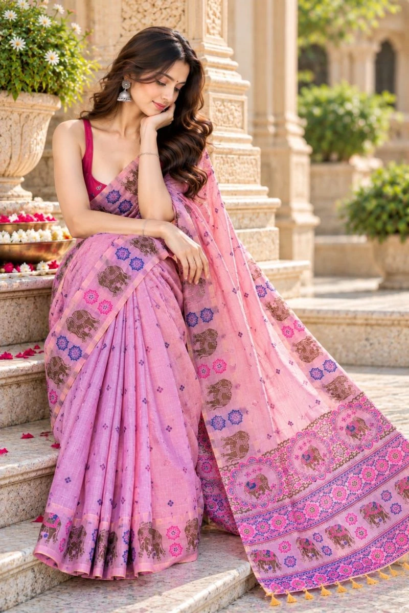 Mv Vis 66 Cotton Blend Elephant Motif Saree Collection 5