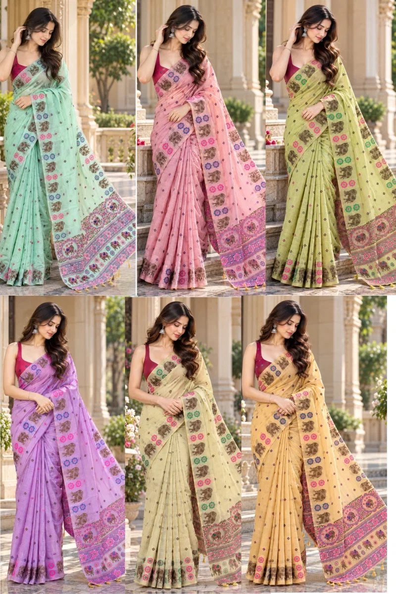 Mv Vis 66 Cotton Blend Elephant Motif Saree Collection 6