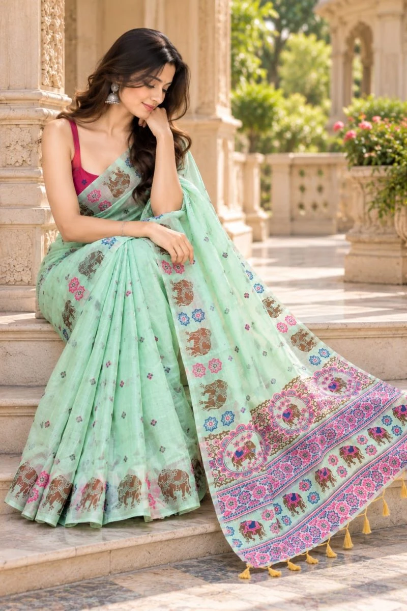 Mv Vis 66 Cotton Blend Elephant Motif Saree Collection 7