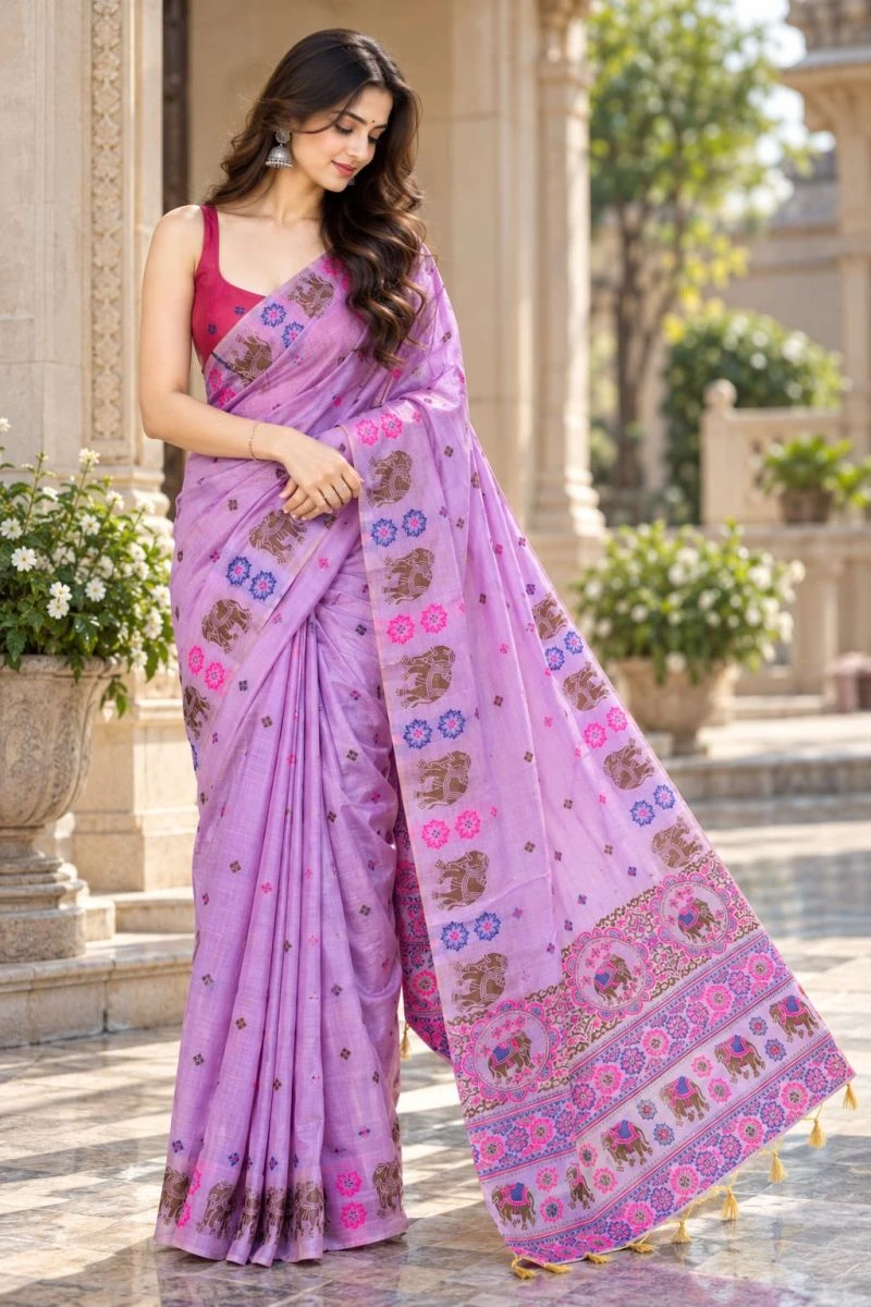 Mv Vis 66 Cotton Blend Elephant Motif Saree Collection 8