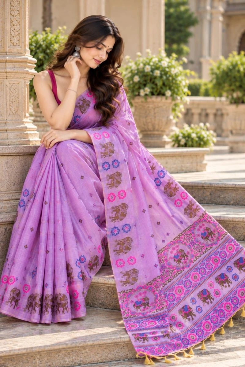 Mv Vis 66 Cotton Blend Elephant Motif Saree Collection 9