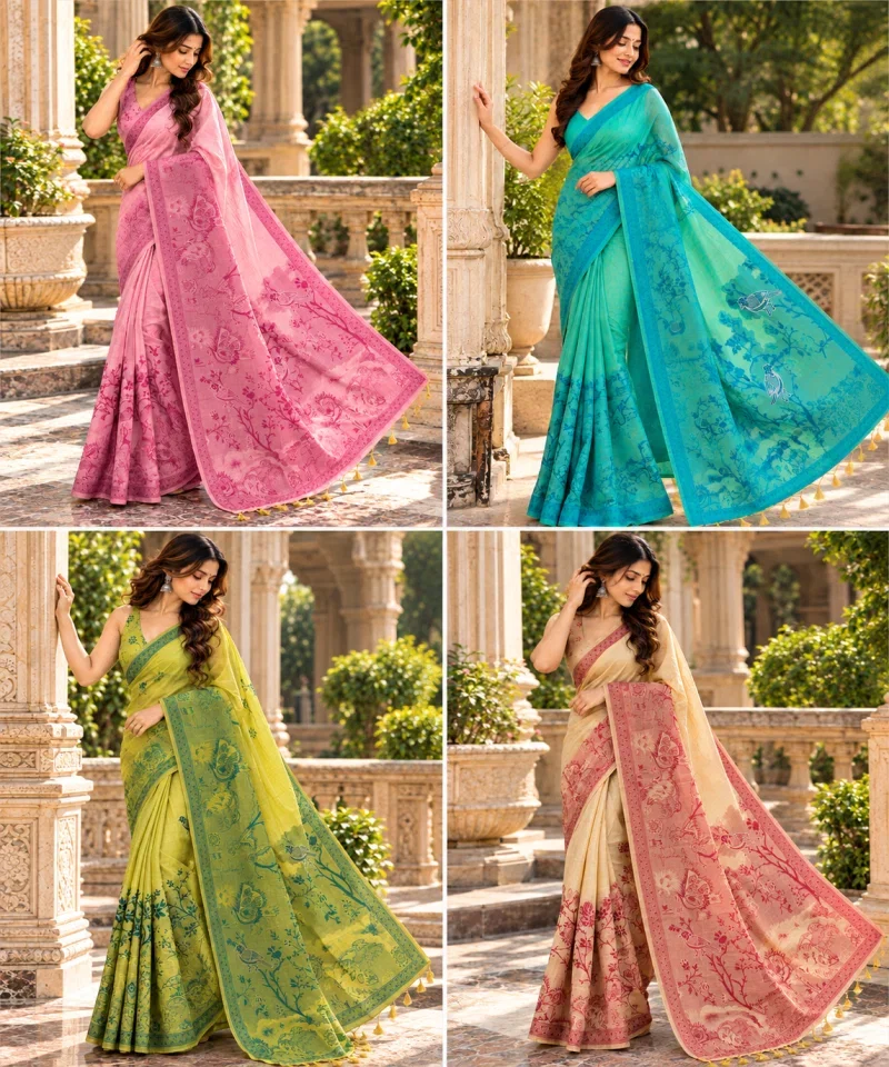 Mv Vis 67 Kota Linen With Floral Birds Print Saree Collection 10
