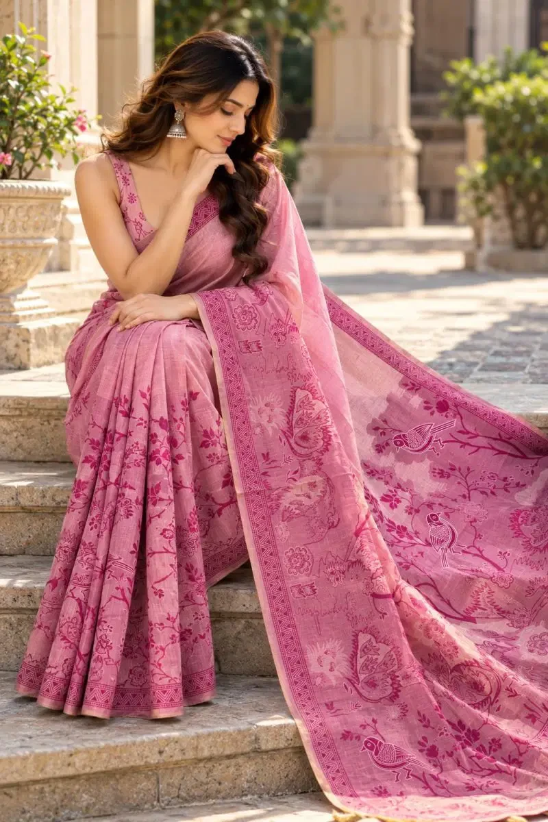 Mv Vis 67 Kota Linen With Floral Birds Print Saree Collection 2