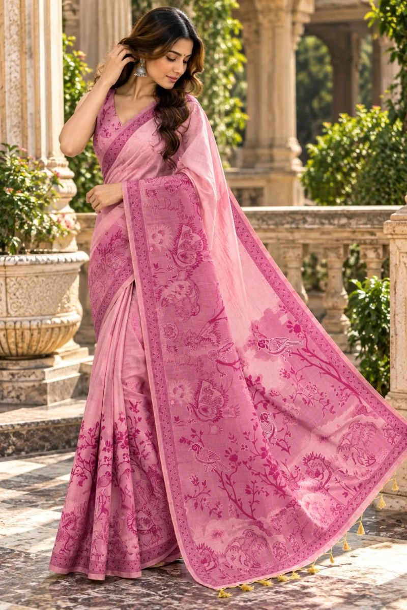 Mv Vis 67 Kota Linen With Floral Birds Print Saree Collection 3