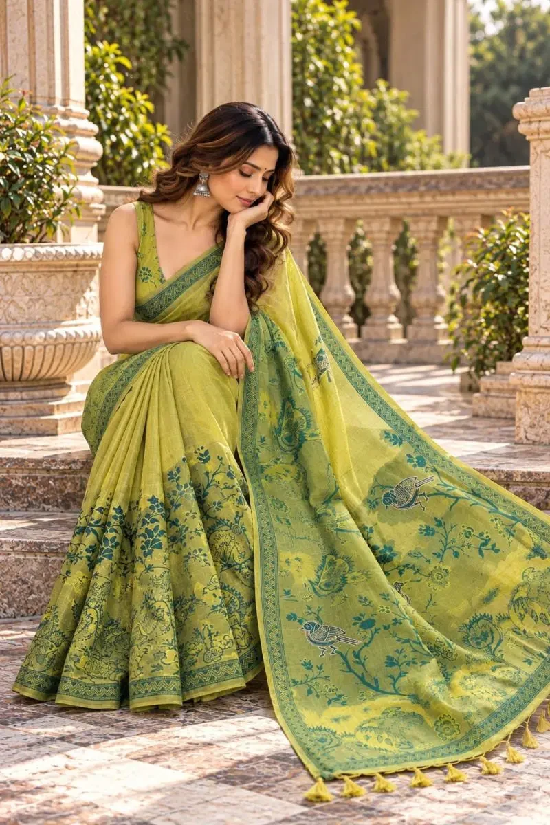 Mv Vis 67 Kota Linen With Floral Birds Print Saree Collection 4