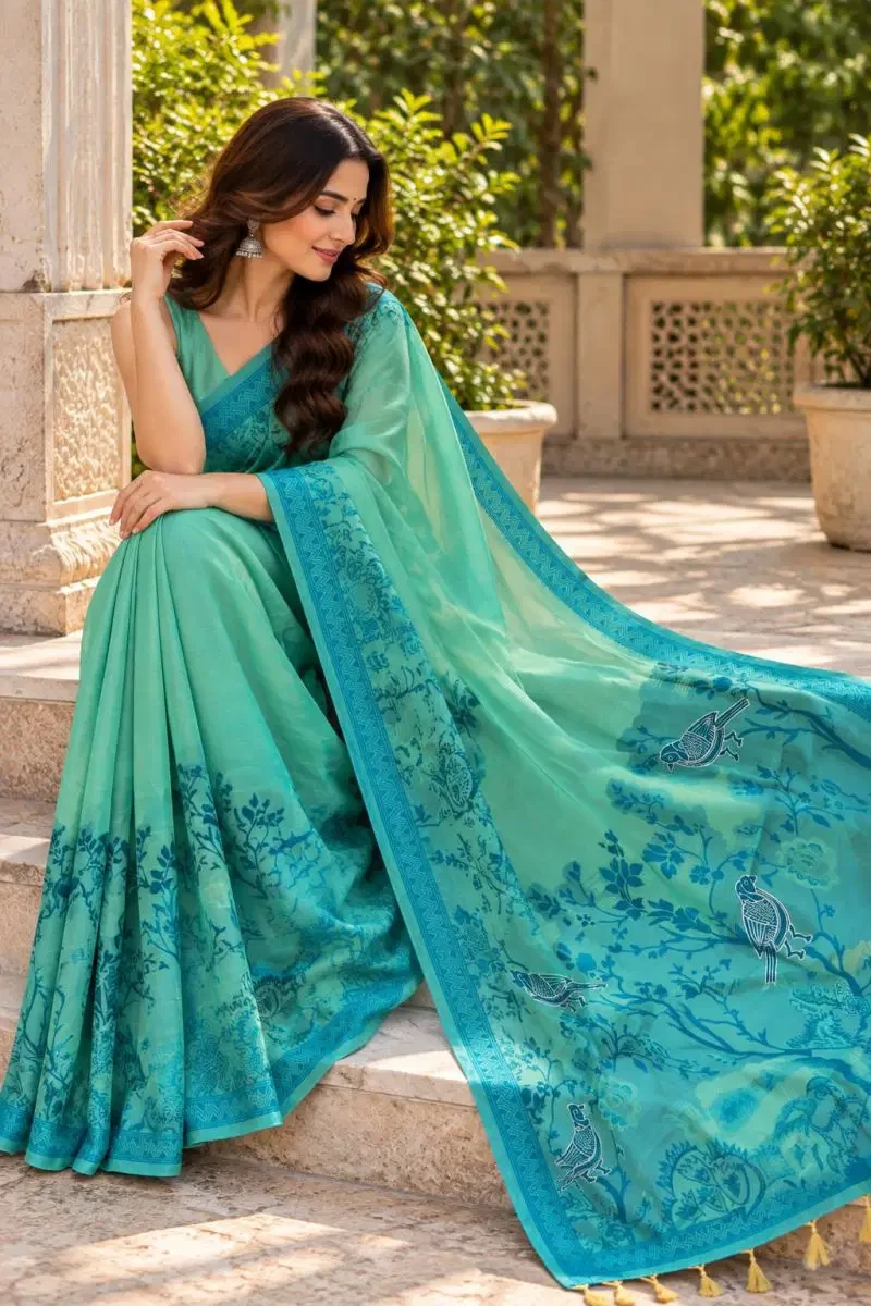 Mv Vis 67 Kota Linen With Floral Birds Print Saree Collection 5