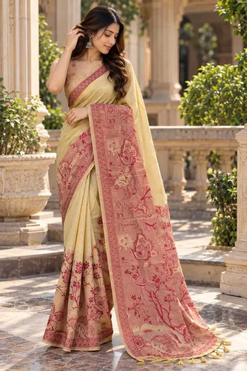 Mv Vis 67 Kota Linen With Floral Birds Print Saree Collection 6