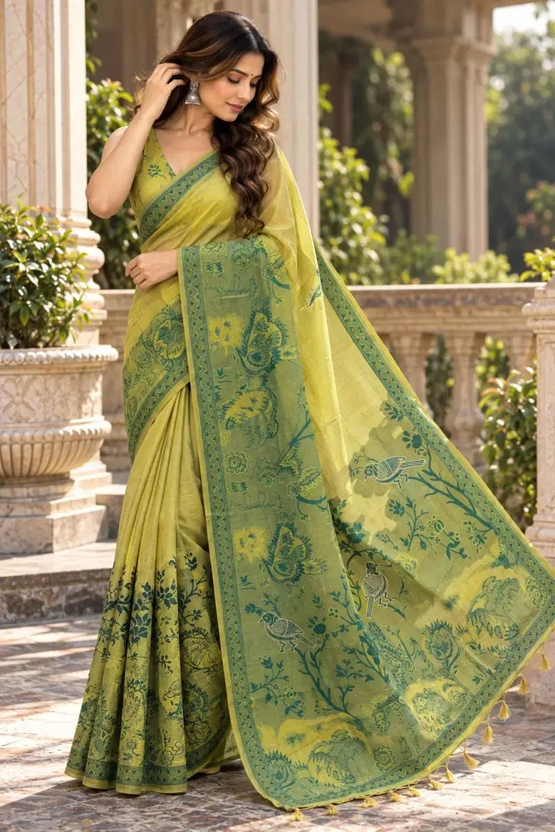 Mv Vis 67 Kota Linen With Floral Birds Print Saree Collection 7