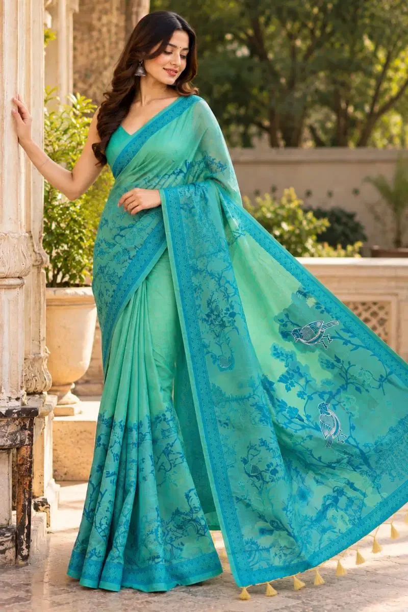 Mv Vis 67 Kota Linen With Floral Birds Print Saree Collection 8