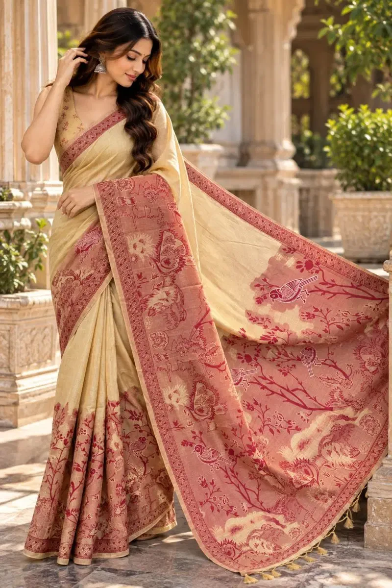 Mv Vis 67 Kota Linen With Floral Birds Print Saree Collection 9