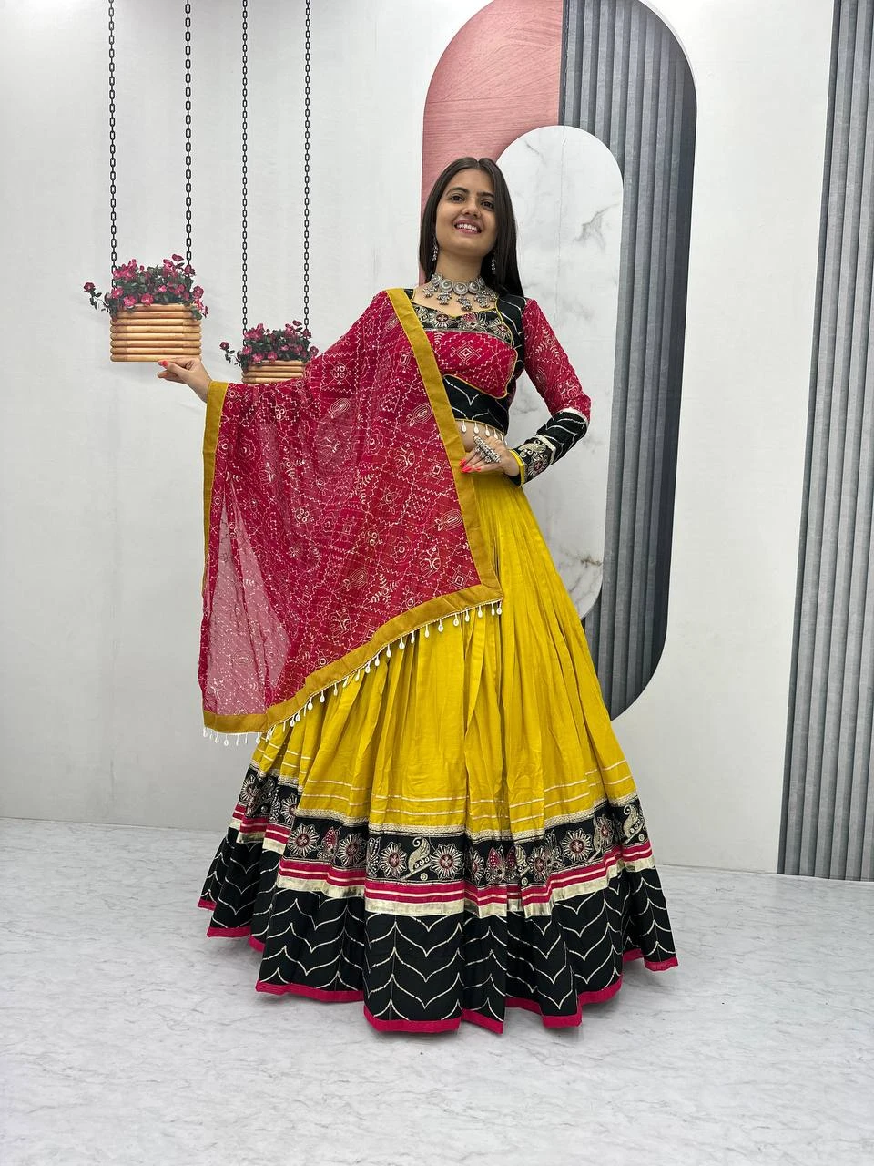 Navratri Special Rayon Cotton Lehenga Choli With Embroidery And Ribbon Lace Work