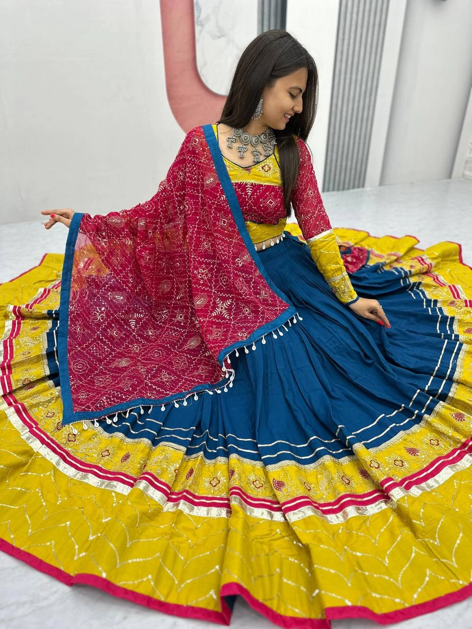 Navratri Special Rayon Cotton Lehenga Choli With Embroidery And Ribbon Lace Work 12