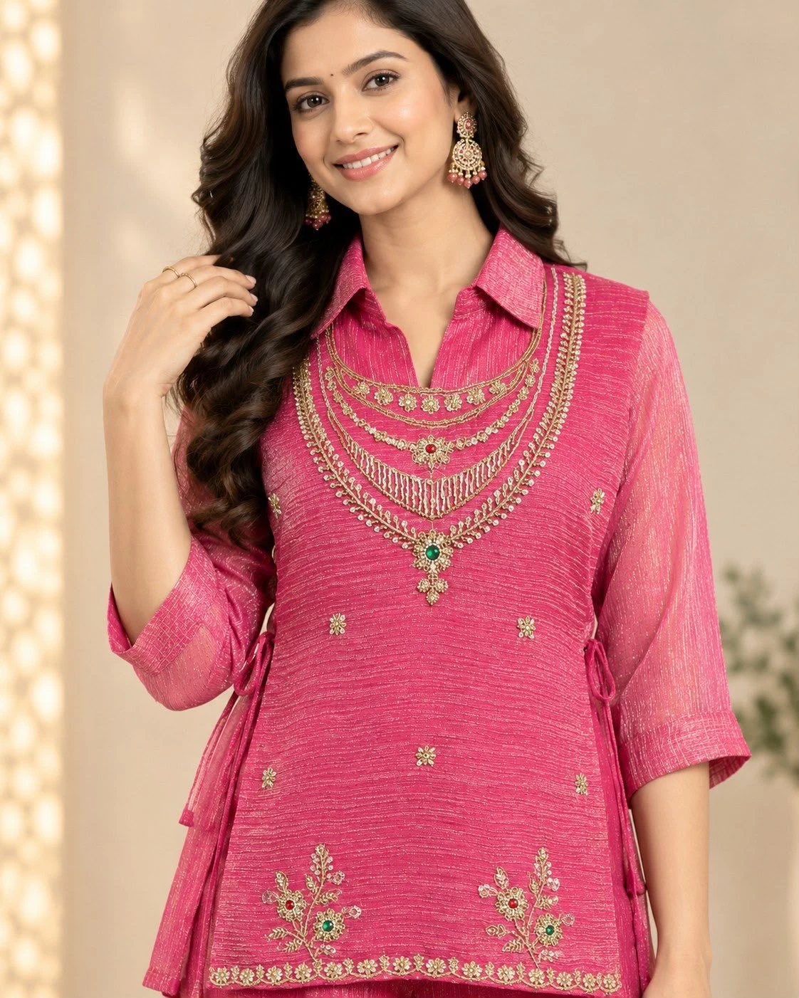 Premium Rich Salsa Shirt Shrug Pant Set With Embroidery Beads Work 1