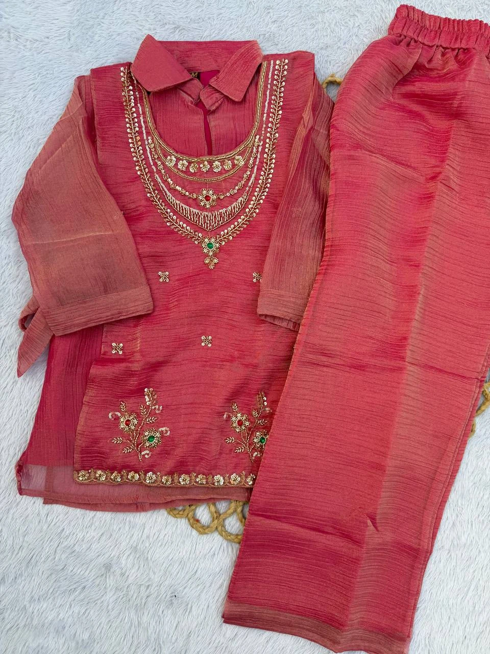 Premium Rich Salsa Shirt Shrug Pant Set With Embroidery Beads Work 2