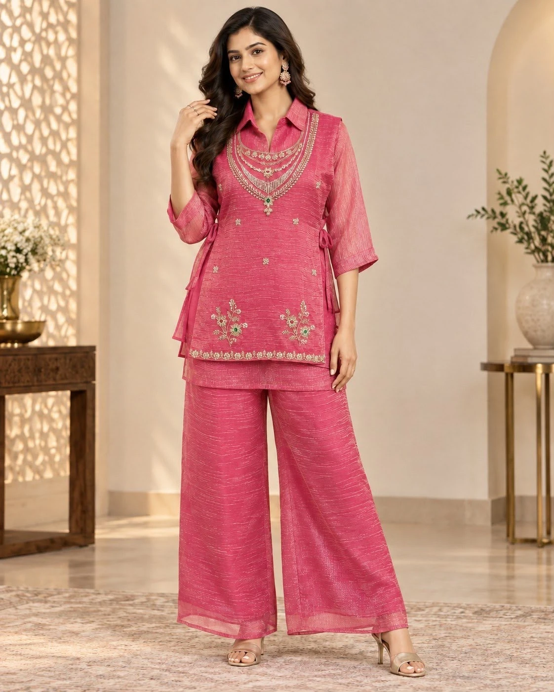 Premium Rich Salsa Shirt Shrug Pant Set With Embroidery Beads Work 3