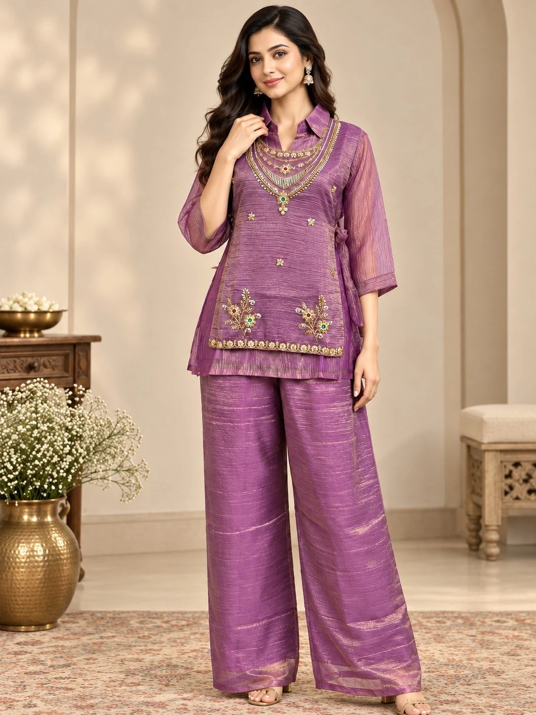 Premium Rich Salsa Shirt Shrug Pant Set With Embroidery Beads Work 4