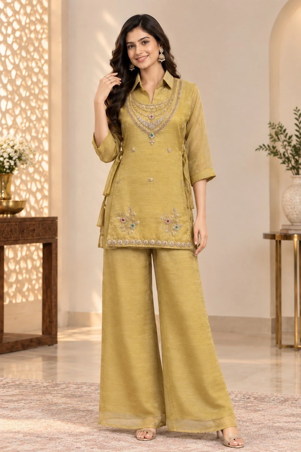 Premium Rich Salsa Shirt Shrug Pant Set With Embroidery Beads Work 5