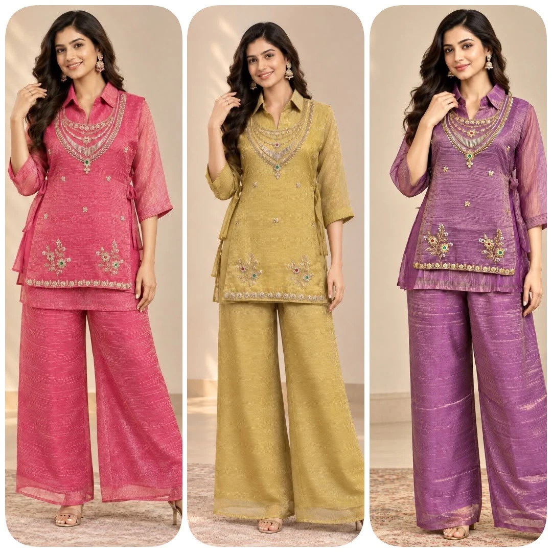 Premium Rich Salsa Shirt Shrug Pant Set With Embroidery Beads Work 6