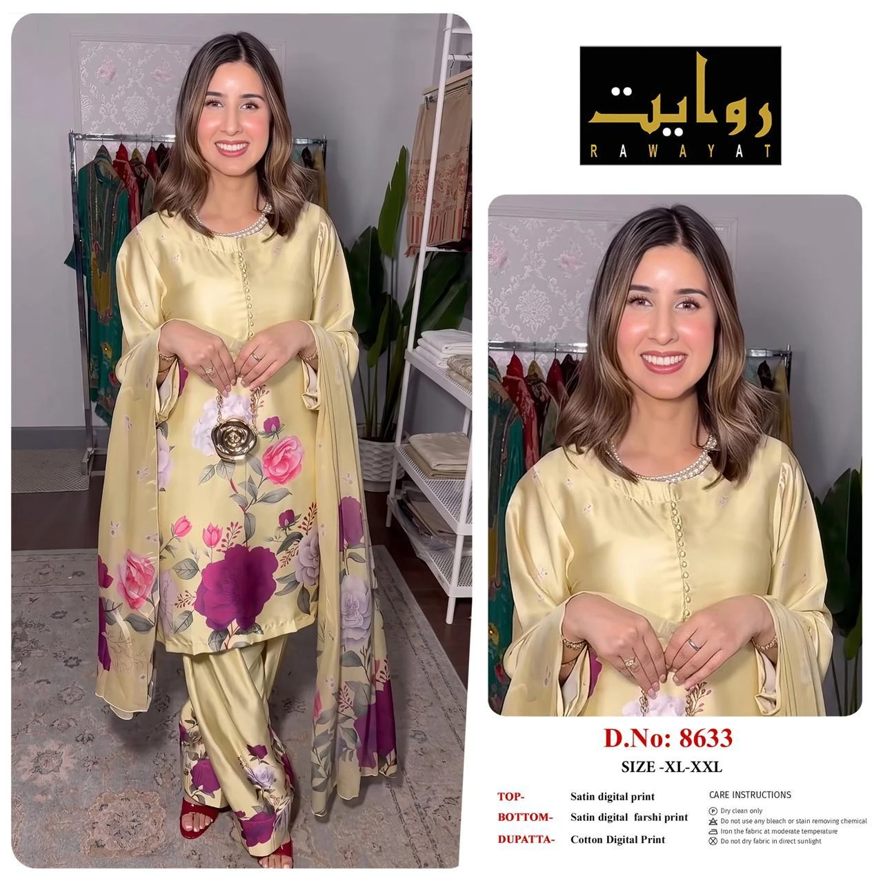 Rawayat Satin Digital Print Readymade Suits - 3 Size Combo 35