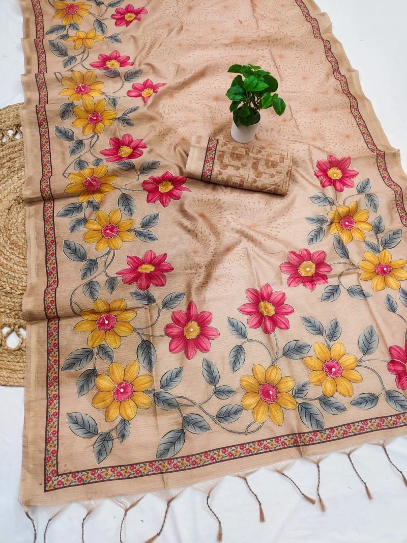 Sansa Silk Part 1 Tusser Silk Aari Work Printed Saree Collection