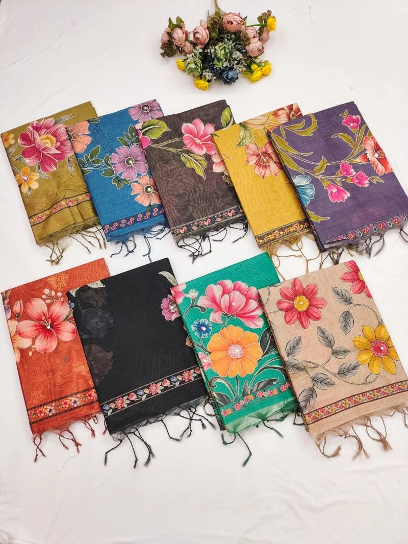 Sansa Silk Part 1 Tusser Silk Aari Work Printed Saree Collection 3