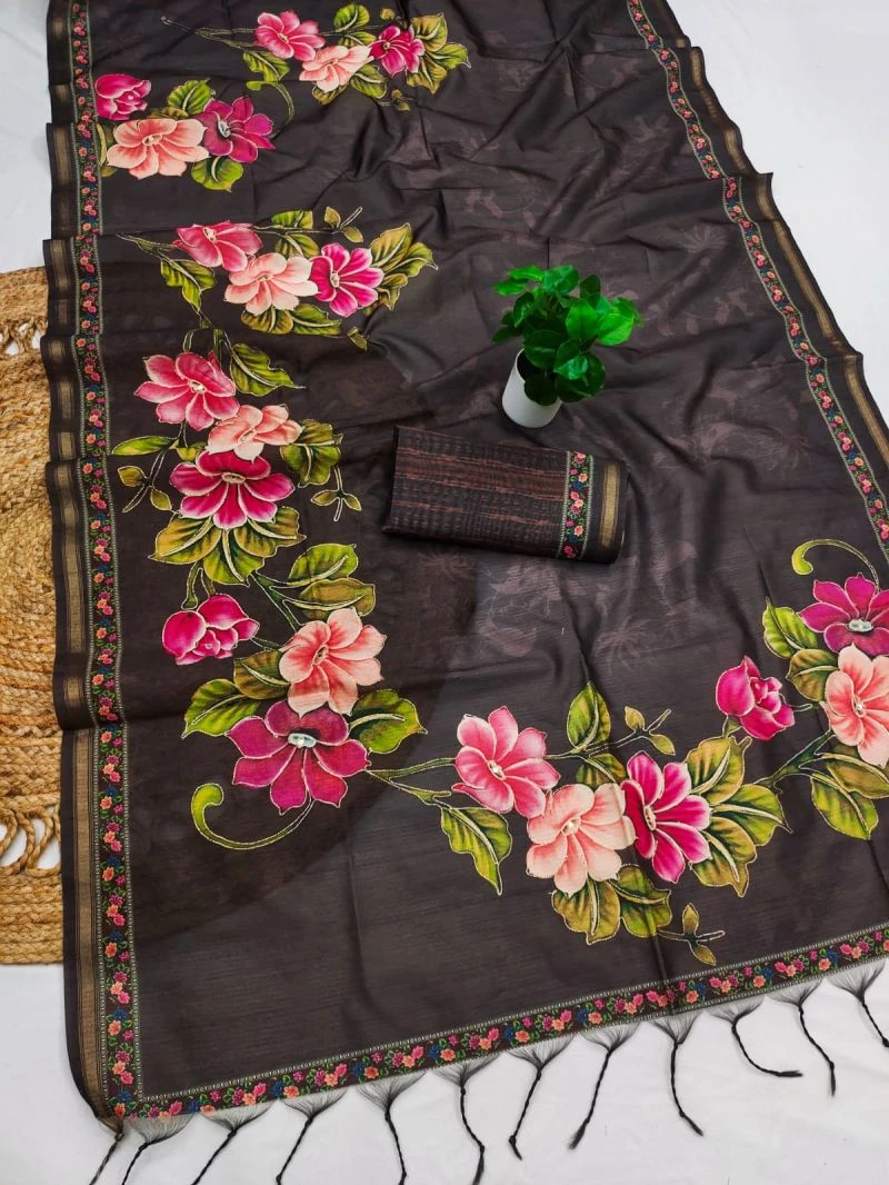 Sansa Silk Part 1 Tusser Silk Aari Work Printed Saree Collection 4