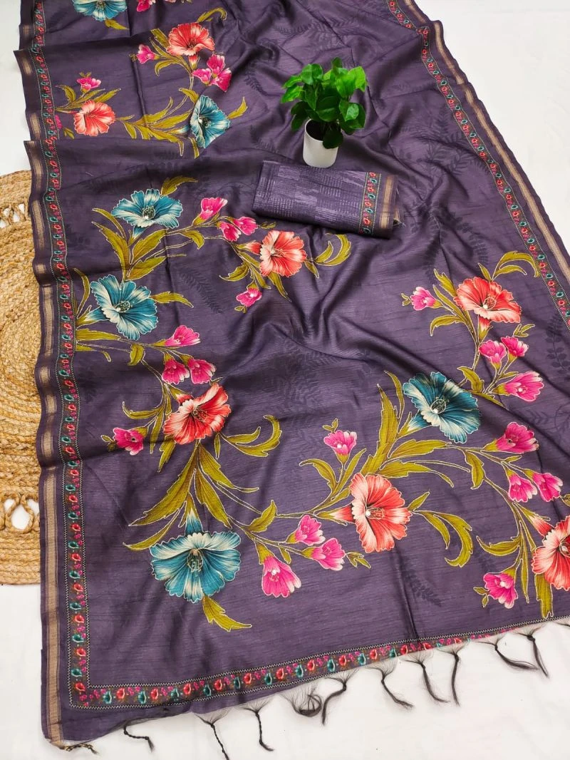 Sansa Silk Part 1 Tusser Silk Aari Work Printed Saree Collection 6