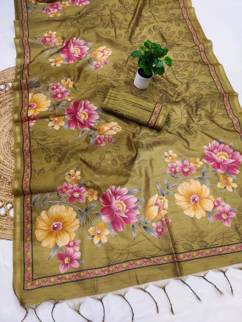 Sansa Silk Part 1 Tusser Silk Aari Work Printed Saree Collection 7
