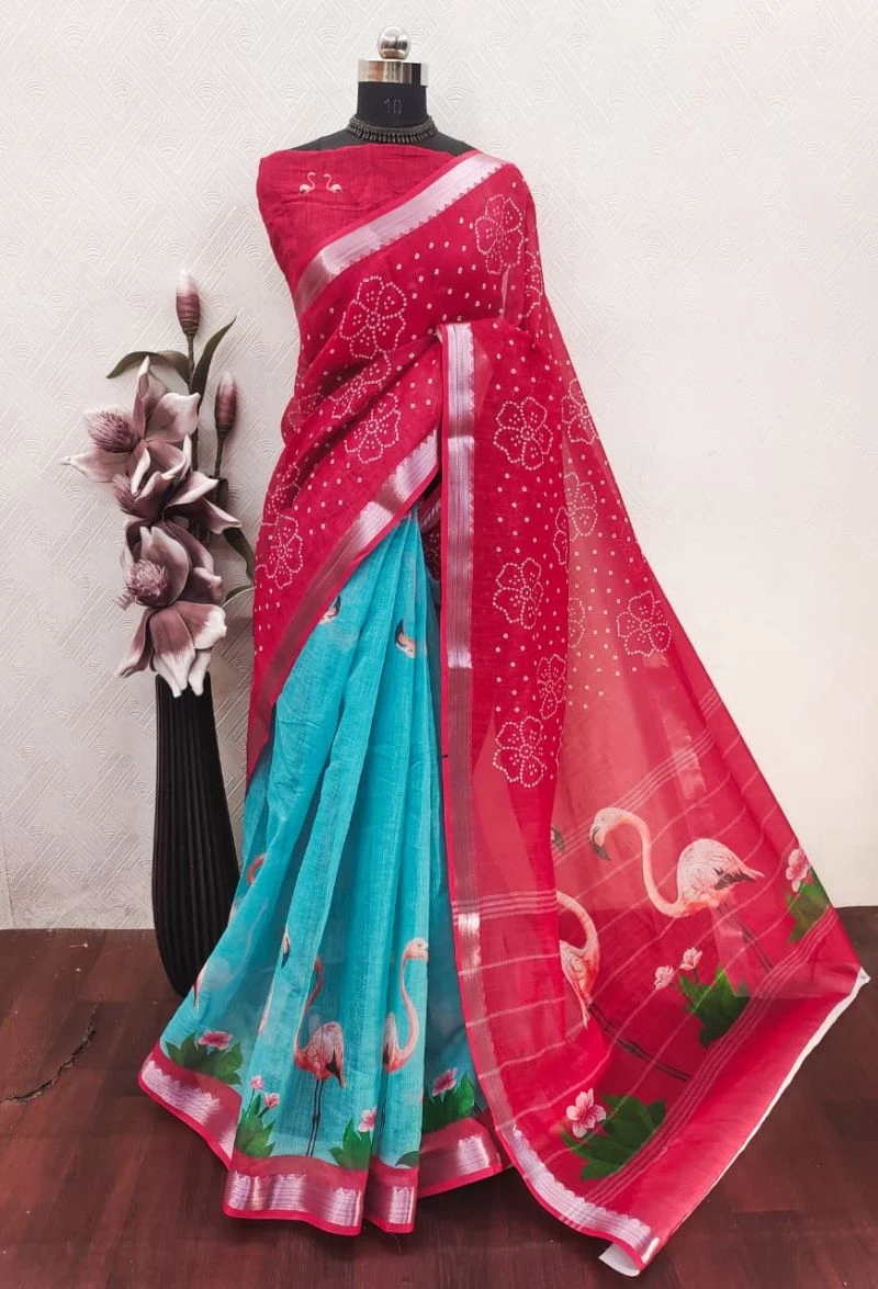 Sckr Bandhej Linen Floral Printed Festive Saree Collection 3
