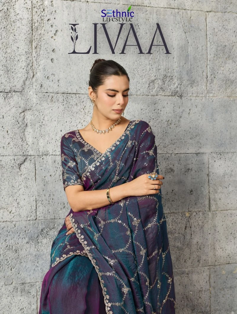 Sethnic Livaa Grainy Moss Chiffon Sequence Embroidered Saree Collection 1
