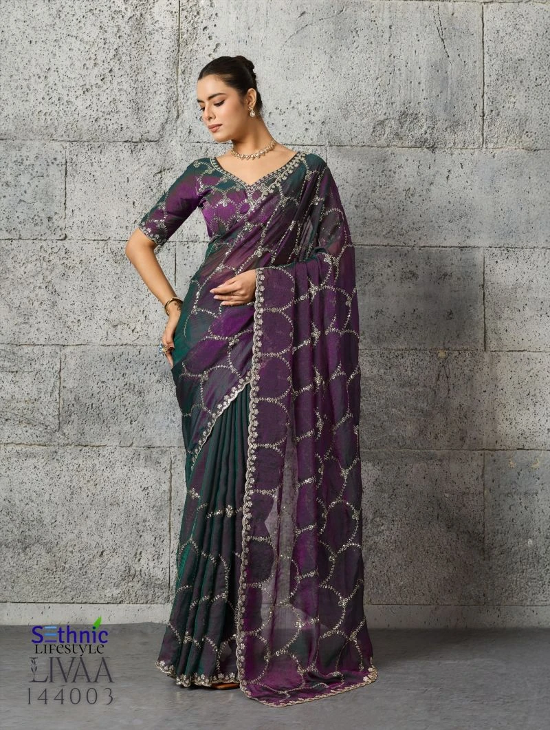 Sethnic Livaa Grainy Moss Chiffon Sequence Embroidered Saree Collection 5