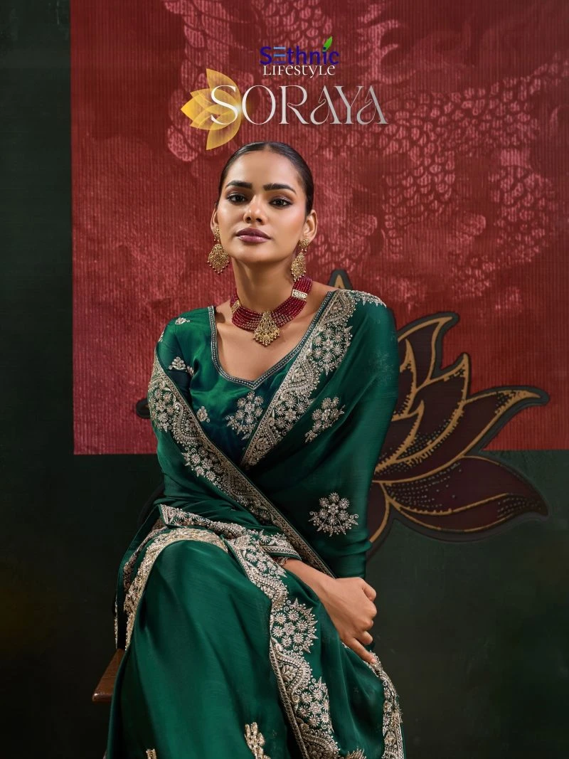 Sethnic Soraya Satin Chiffon Embroidery And Zarkan Work Saree Collection