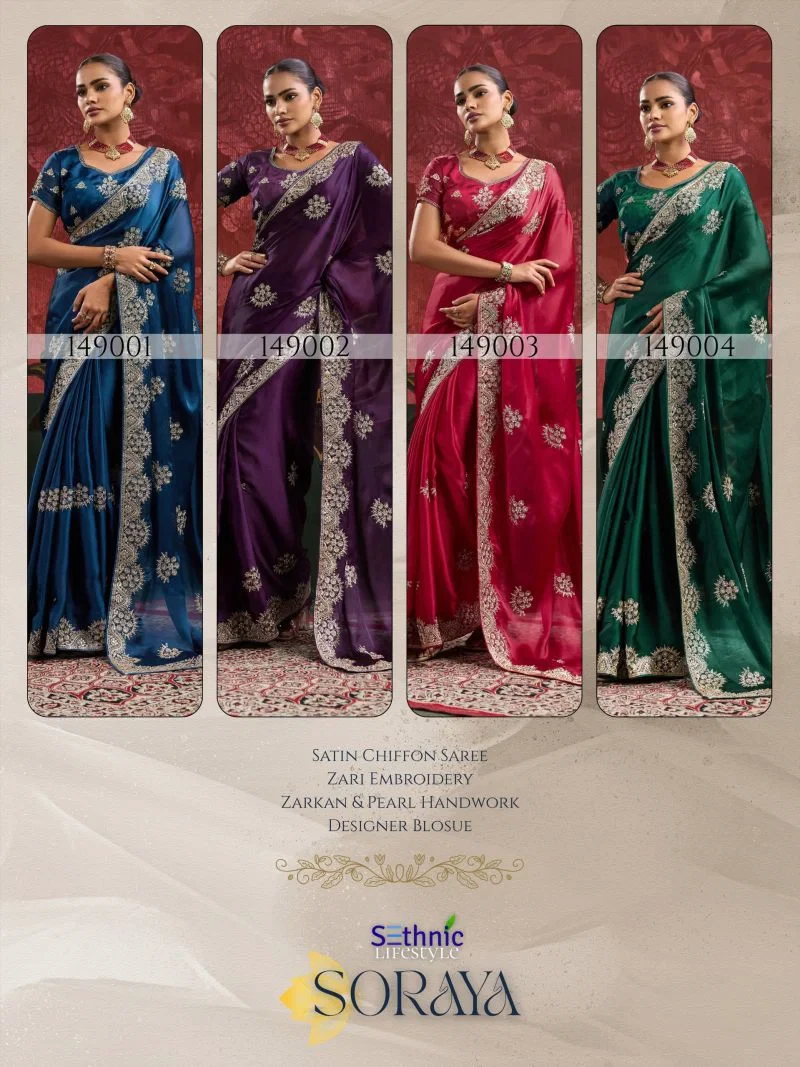 Sethnic Soraya Satin Chiffon Embroidery And Zarkan Work Saree Collection 10