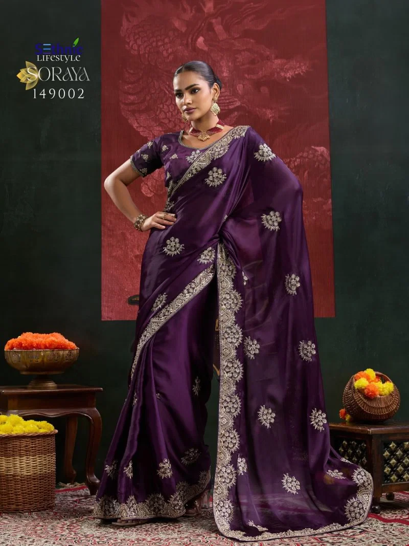 Sethnic Soraya Satin Chiffon Embroidery And Zarkan Work Saree Collection 2