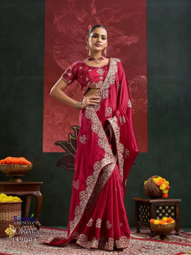Sethnic Soraya Satin Chiffon Embroidery And Zarkan Work Saree Collection 3