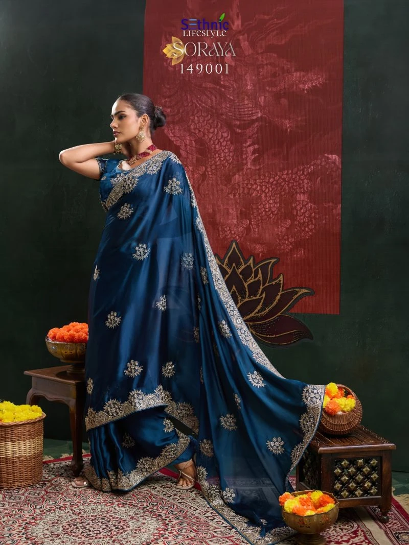 Sethnic Soraya Satin Chiffon Embroidery And Zarkan Work Saree Collection 5