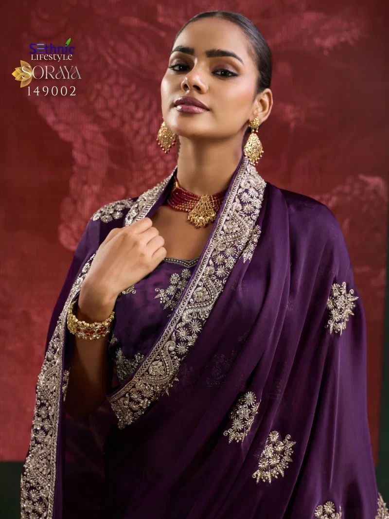 Sethnic Soraya Satin Chiffon Embroidery And Zarkan Work Saree Collection 6