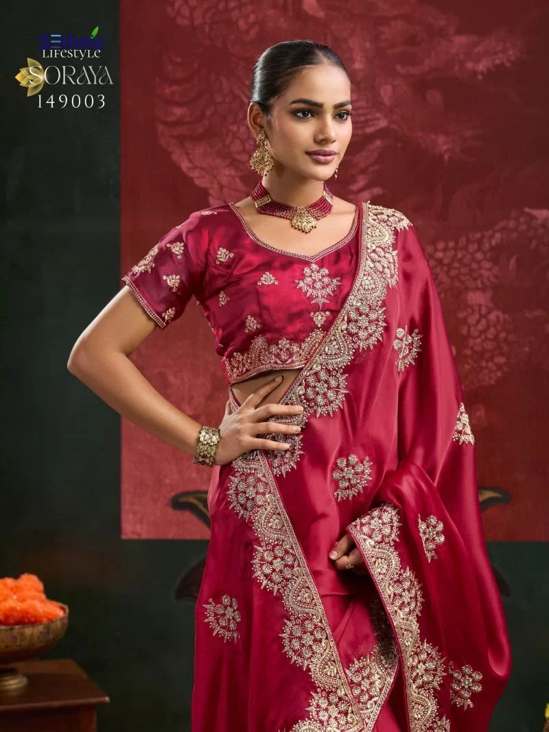 Sethnic Soraya Satin Chiffon Embroidery And Zarkan Work Saree Collection 8