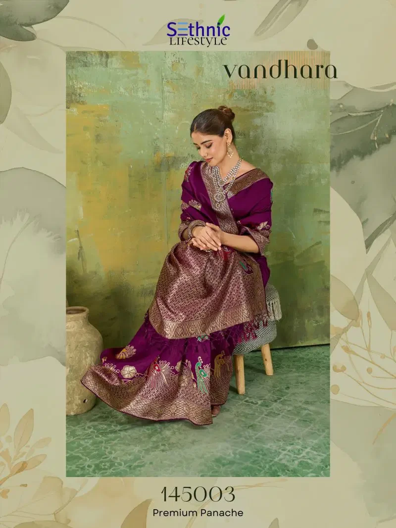 Sethnic Vandhara Twill Banarasi Silk Zari Meenakari Work Saree Collection 10
