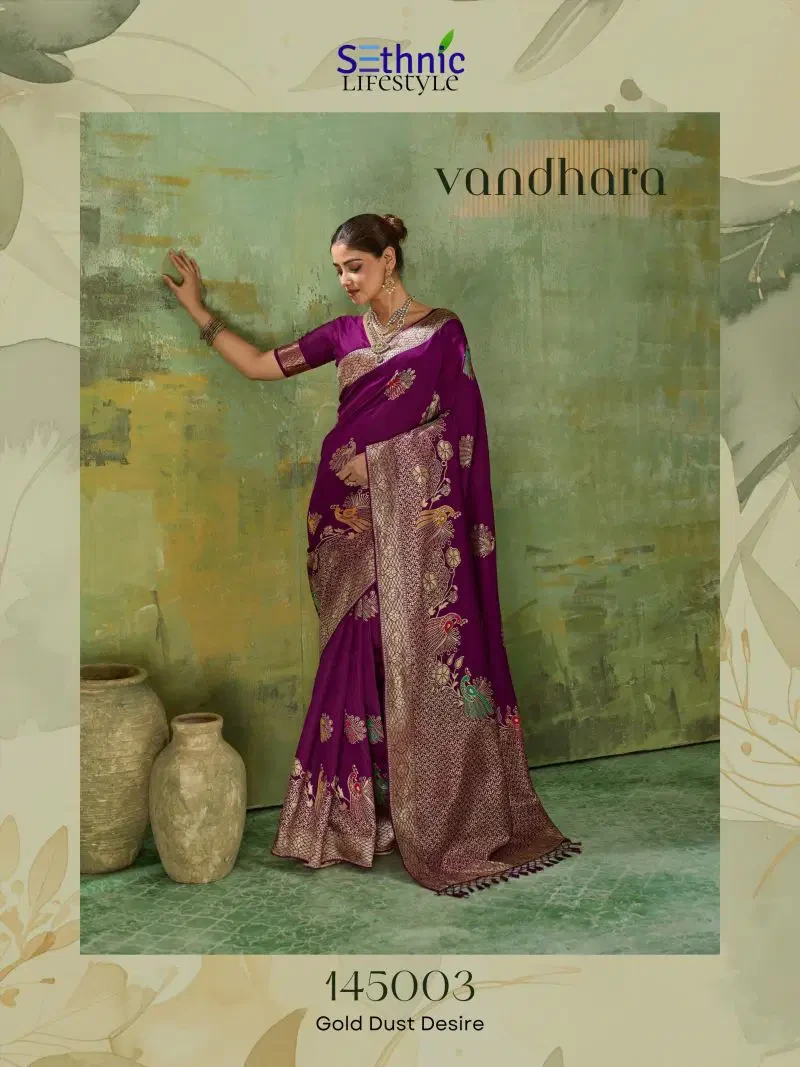 Sethnic Vandhara Twill Banarasi Silk Zari Meenakari Work Saree Collection 7