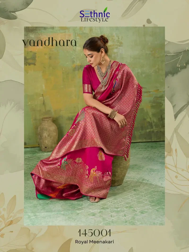 Sethnic Vandhara Twill Banarasi Silk Zari Meenakari Work Saree Collection 9